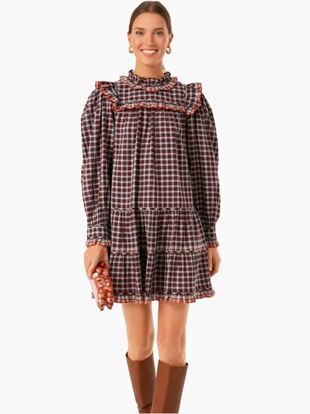ULLA JOHNSON Elm Gingham Plaid Ruffle Mini Dress 100% Cotton Black Red